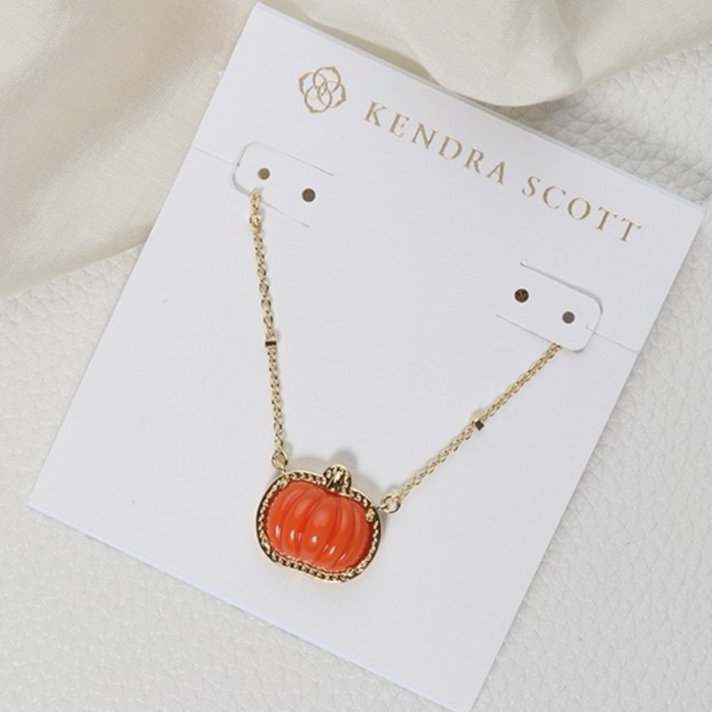 KENDRA SCOTT Autumn Fall Orange 14k Gold Pumpkin Jack-o-Lantern Necklace NEW NWT - Picture 3 of 5